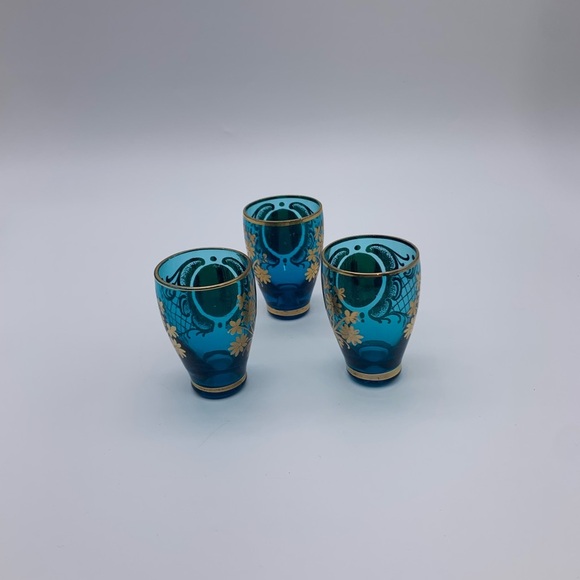 Vintage Set Of 3 Italian Murano Venetian Blue & Gold 2oz Shot Glasses Painted - Picture 4 of 8